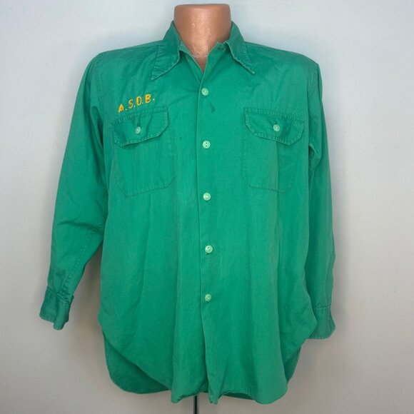 Vintage 1940s Mens Green Long Sleeve Shirt Al Chymia Temple Memphis Chain Stitch - Picture 2 of 10